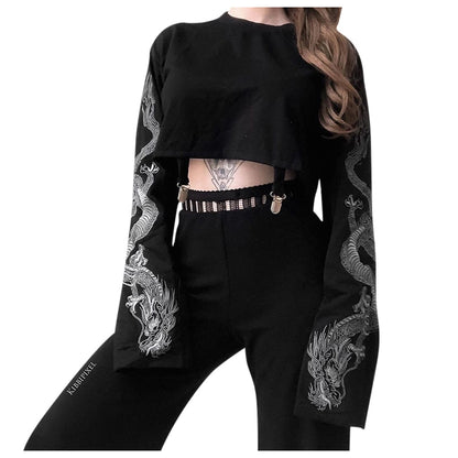 Gothic Punk Dragon Printed Hoodies Cropped Black Sweatshirts Streetwear Long Sleeve Crewneck Blouse Pull Femme Moletom Sudaderas