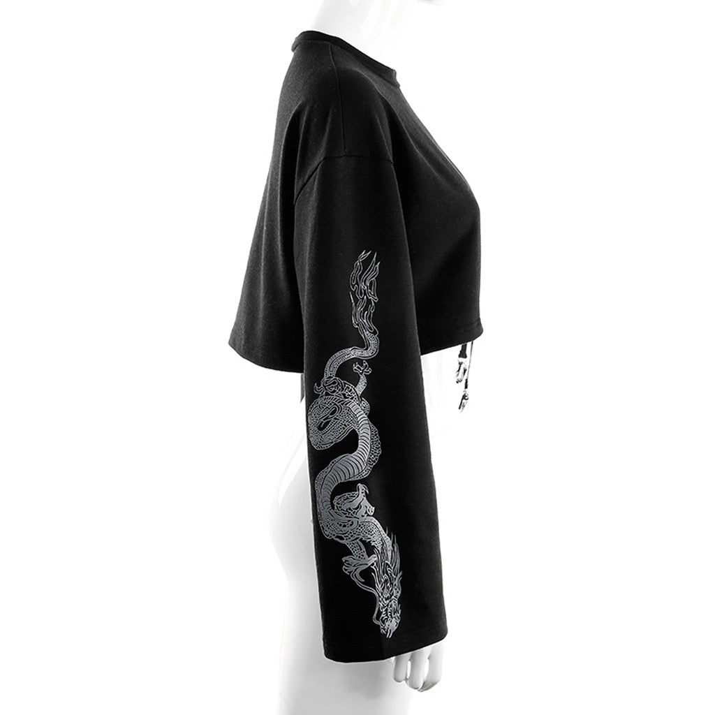 Gothic Punk Dragon Printed Hoodies Cropped Black Sweatshirts Streetwear Long Sleeve Crewneck Blouse Pull Femme Moletom Sudaderas