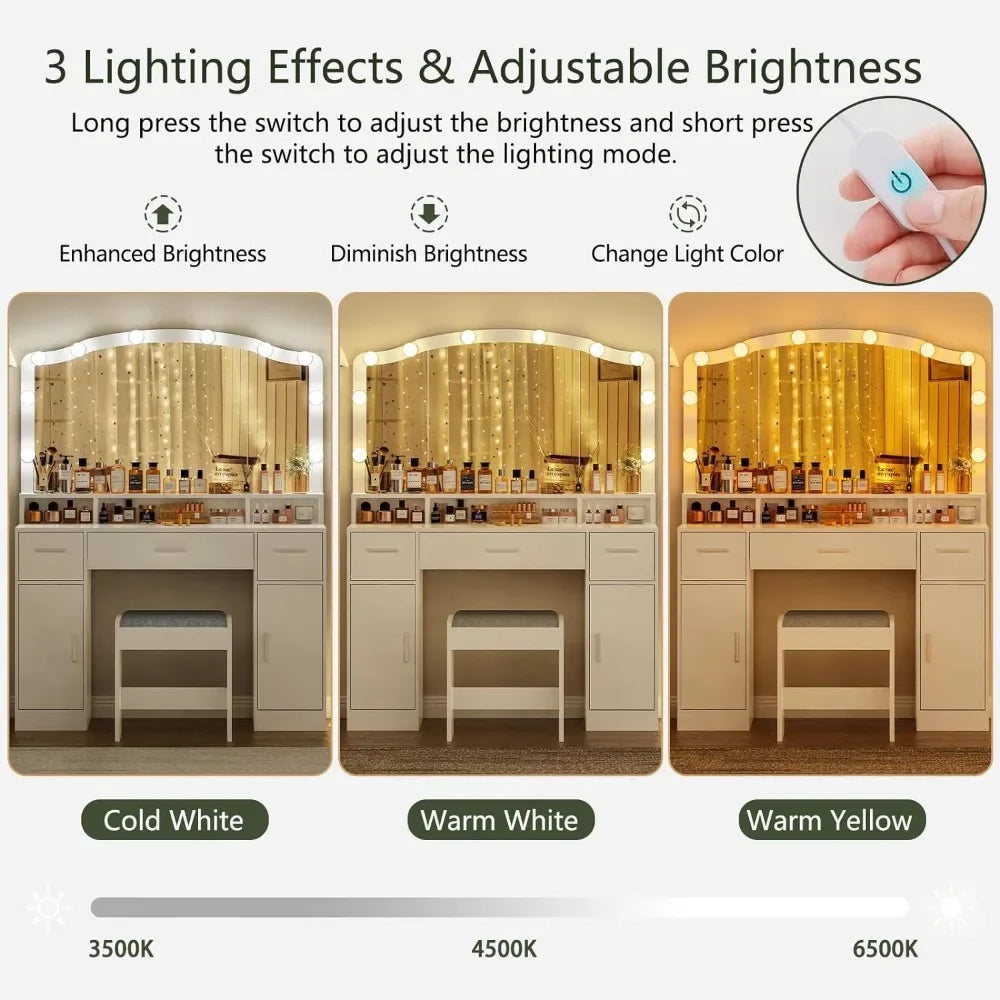 Makeup Table Makeup Vanity With Lights Make Up Table 2 Cabinets & Long Storage Shelf Furniture Bathroom 10 Led Lights White Desk