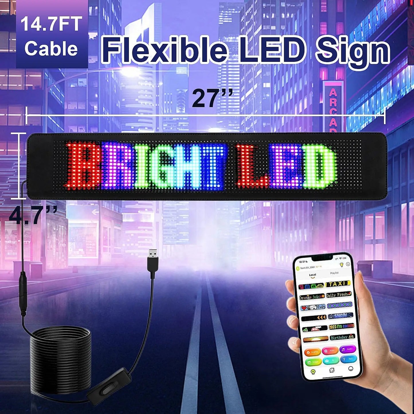 Programmable LED Scrolling Sign for Car,Flexible USB 5V LED Store Sign Bluetooth App Control Matrix Message Board Flexible Panel