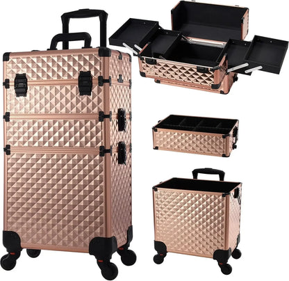 Rolling Makeup Case 3 In 1 Removable Make Up Case Cosmetology Case On Wheels Large Capacity Lockable Makeup Trolley For Salon