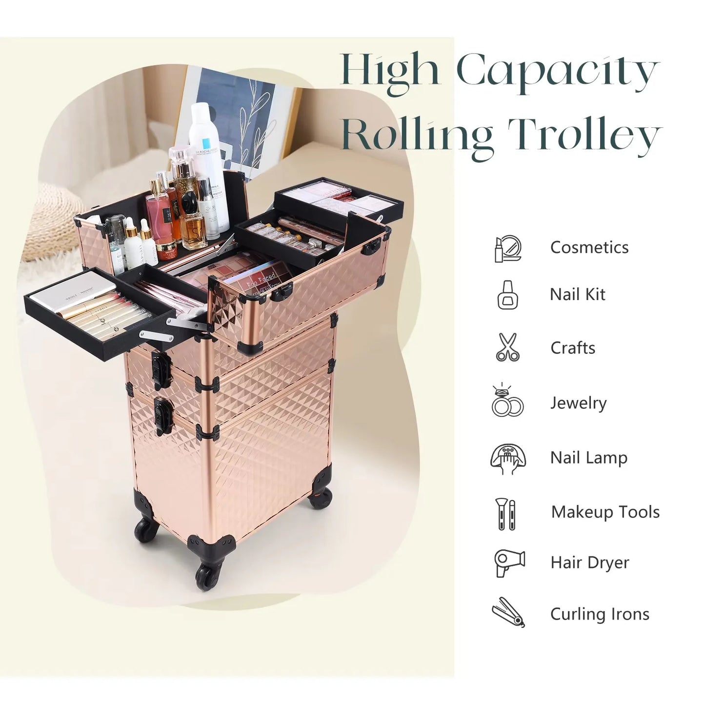 Rolling Makeup Case 3 In 1 Removable Make Up Case Cosmetology Case On Wheels Large Capacity Lockable Makeup Trolley For Salon