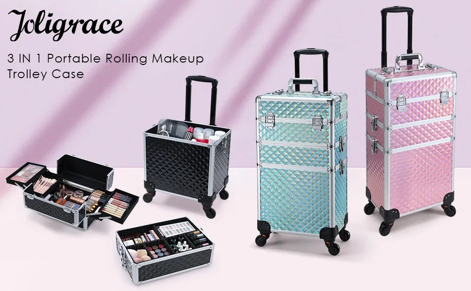 Rolling Makeup Case 3 In 1 Removable Make Up Case Cosmetology Case On Wheels Large Capacity Lockable Makeup Trolley For Salon