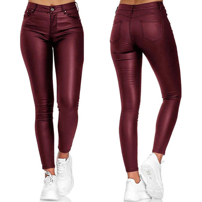 PU Leather Skinny Pants for Women Slim Fit Leggings Pants Solid Casual Sexy Stretch Bodycon Trousers High Waist Pencil Pants