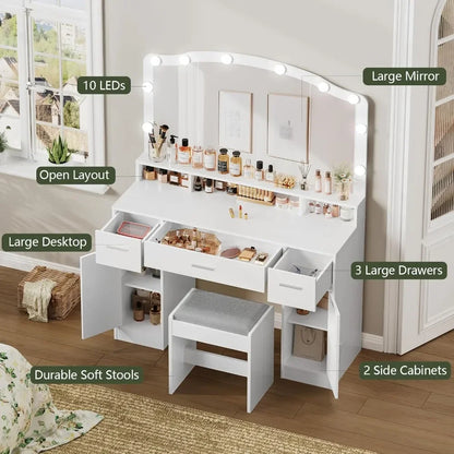 Makeup Table Makeup Vanity With Lights Make Up Table 2 Cabinets & Long Storage Shelf Furniture Bathroom 10 Led Lights White Desk