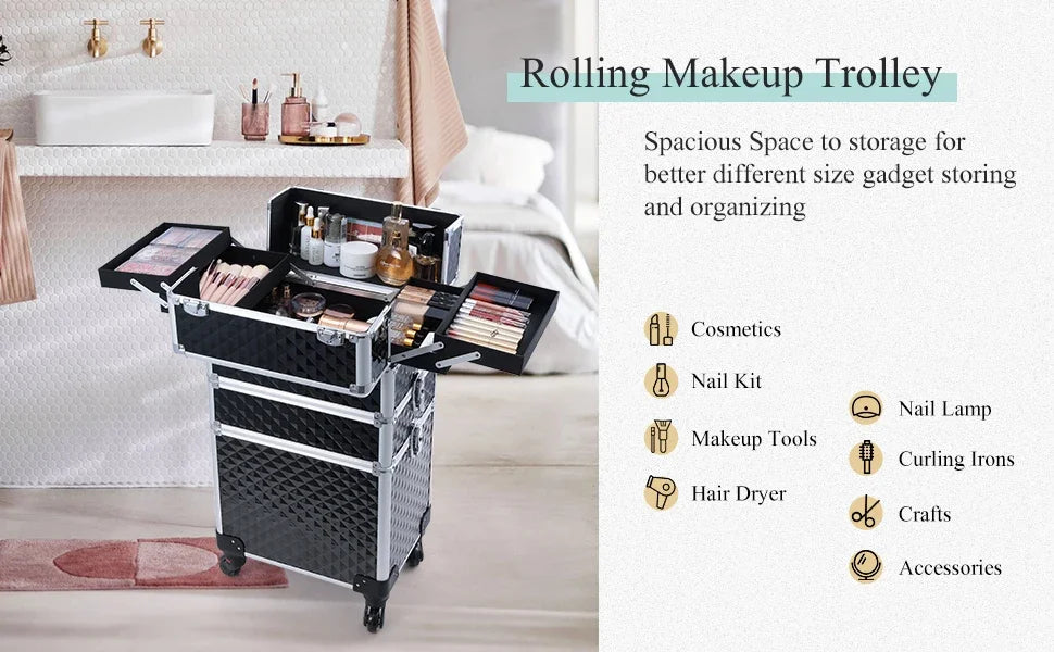 Rolling Makeup Case 3 In 1 Removable Make Up Case Cosmetology Case On Wheels Large Capacity Lockable Makeup Trolley For Salon