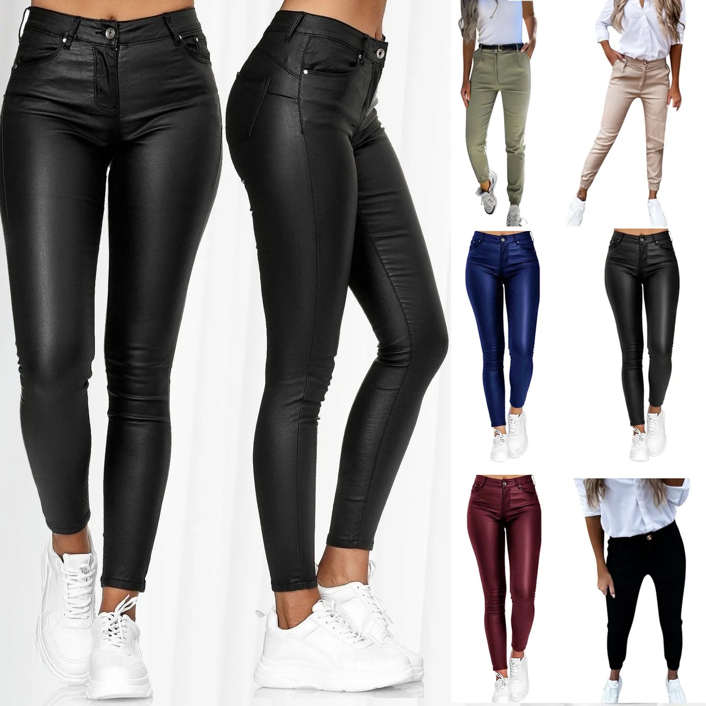 PU Leather Skinny Pants for Women Slim Fit Leggings Pants Solid Casual Sexy Stretch Bodycon Trousers High Waist Pencil Pants