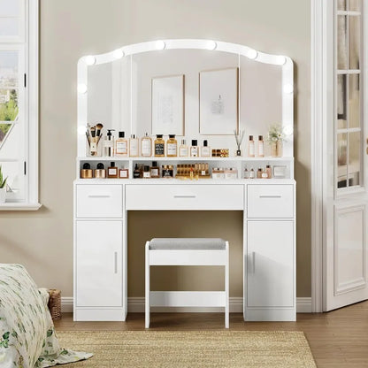 Makeup Table Makeup Vanity With Lights Make Up Table 2 Cabinets & Long Storage Shelf Furniture Bathroom 10 Led Lights White Desk