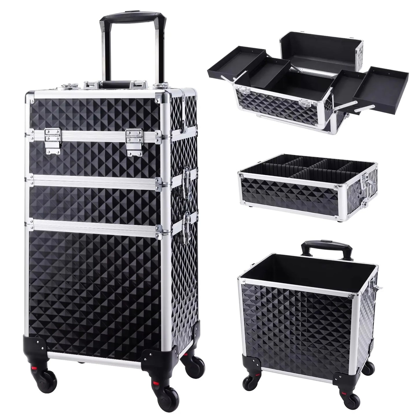 Rolling Makeup Case 3 In 1 Removable Make Up Case Cosmetology Case On Wheels Large Capacity Lockable Makeup Trolley For Salon