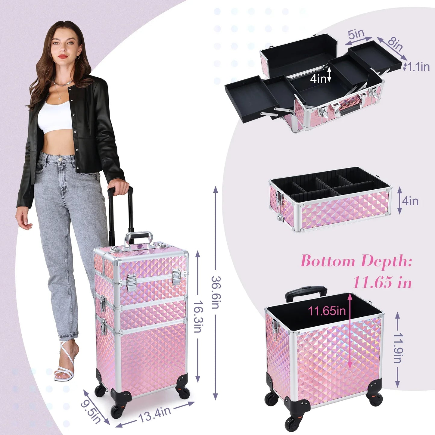 Rolling Makeup Case 3 In 1 Removable Make Up Case Cosmetology Case On Wheels Large Capacity Lockable Makeup Trolley For Salon